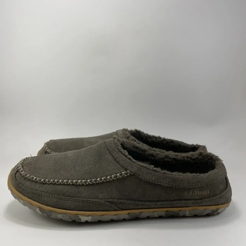 L.L. Bean Mountain Slipper Scuffs Mens Size 11 Gray Brown Suede Fleece Lining